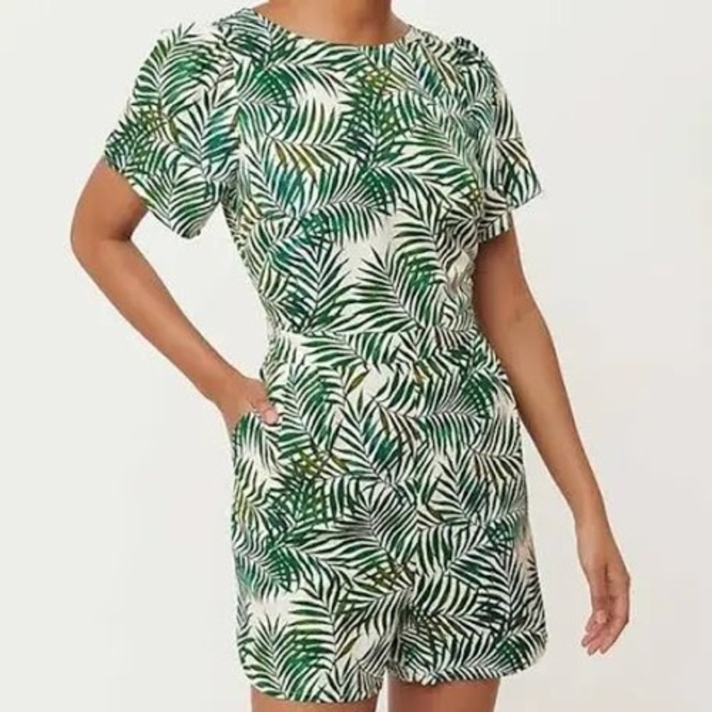 Loft Green White Tropical Palm Leaf Print Linen Blend Cutout Back Romper XS
